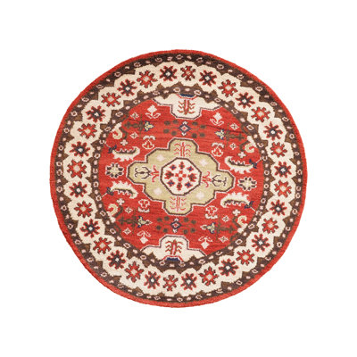 Tapis d'intérieur rond oriental en soie et laine rouge crème, noué à la main