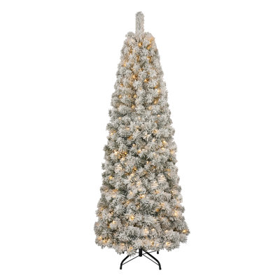 6 Ft Slim Pre-Lit Flocked Artificial Christmas Tree with 200 Multi-Color LED Lights