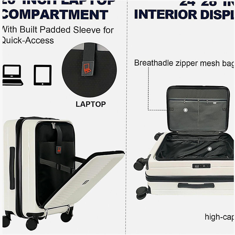 Luggage,with front opening,TSA approved lock,hardshell suitcase,White