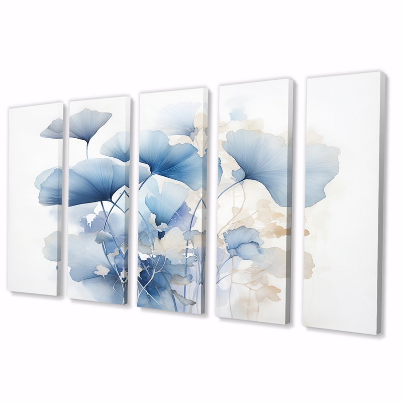 Délicates feuilles de ginko bleu sur aquarelle - art mural sur toile - 5 panneaux égaux