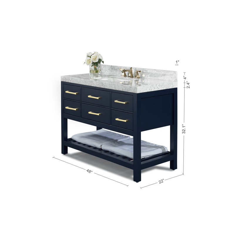 Elizabeth 48'' W Single Vanity, Heritage Blue/Brushed Gold, Carrara White Marble