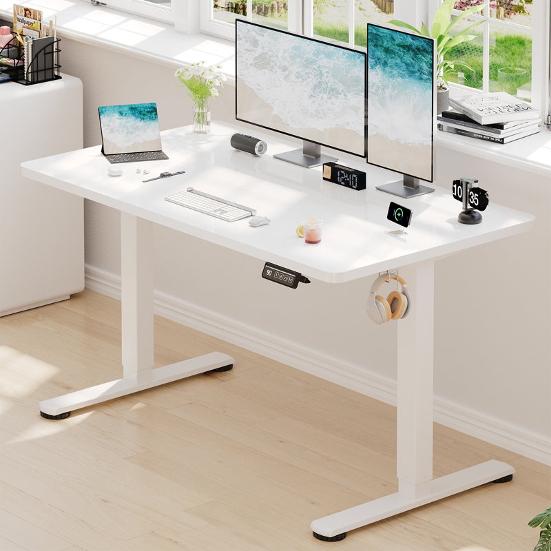 Adjustable Metal Base Standing Desk, White, White, 120cm W x 60cm D