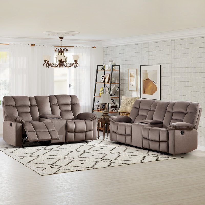 Canapé inclinable manuel moderne en microfibre avec console centrale et porte-gobelets (ensemble de 2), Brun moka
