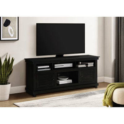 Meuble télé patiné pour téléviseurs de 60 à 69 pouces, avec rangement organisé dans six compartiments et tablettes ouvertes faciles d'accès de style moderne avec marquages en bois brut, supportant 65 téléviseurs à écran plat pour garder les espaces bien rangés