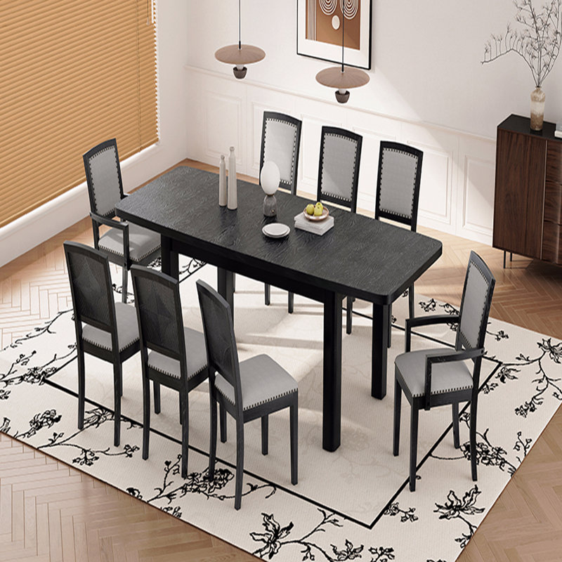 Ensemble de salle à manger extensible 9 pièces rustique: table de 84 pouces (feuille amovible de 24 pouces) et 6 chaises rembourrées sans accoudoirs + 2 chaises rembourrées