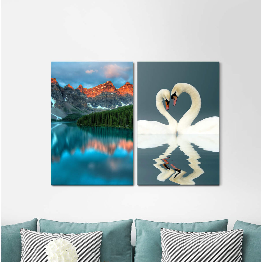 2-tlg. Leinwandbilder-Set - Fotografie „Love Swans Heart Mountains Lake Mountain Lake Romantic”