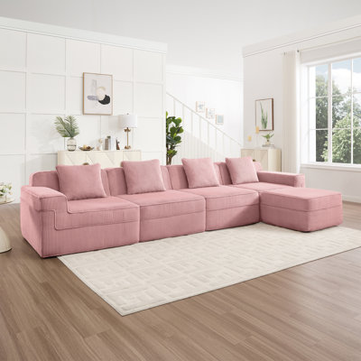 Canapé modulaire modulaire en L à 4 places sans os, canapé modulaire Cloud avec assise profonde, canapé modulaire moderne à 4 places avec coussins décoratifs et 1 repose-pieds mobile, tissu velours côtelé rose