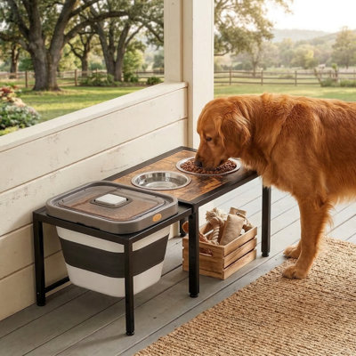 Support à bol surélevé pour chien 2 en 1 avec bac de rangement pour aliments de 15 à 18 lb et 2 bols en acier inoxydable, station d'alimentation à hauteur réglable