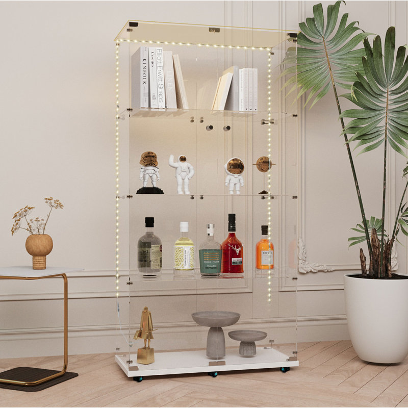 Vitrine en verre trempé, armoire à vin, armoire de rangement, classeur, avec bande DEL Bluetooth, peut être contrôlée par télécommande ou application mobile, roulettes pivotantes, peut être placée n'importe où