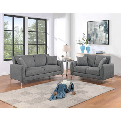 Élégant ensemble de canapés 2 pièces gris foncé en toile de jute et tissu avec causeuse et coussins Cozy Design