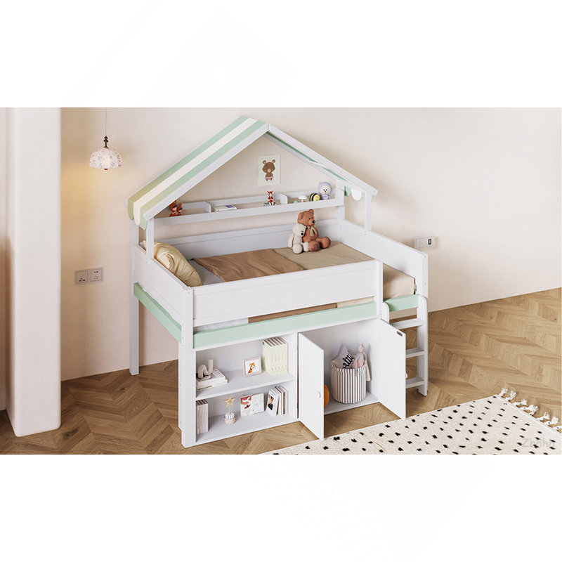 Lit mezzanine double avec toit à baldaquin et armoire de rangement, blanc et vert