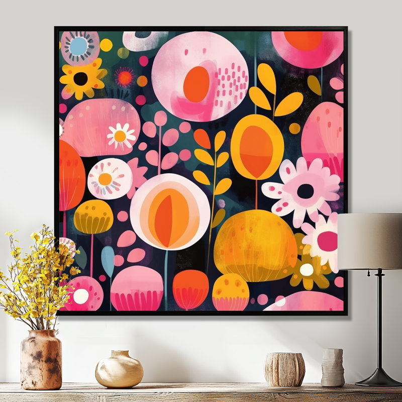 Illustration de fleur ludique rétro - botanique, art mural, H 16 po x l 16 po, Cadre flottant noir