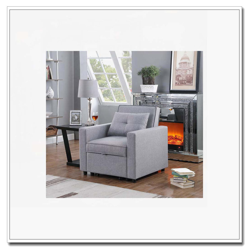 Zoey 33.25" Light Gray Linen Convertible Sleeper Chair with Side Pocket, Light Gray