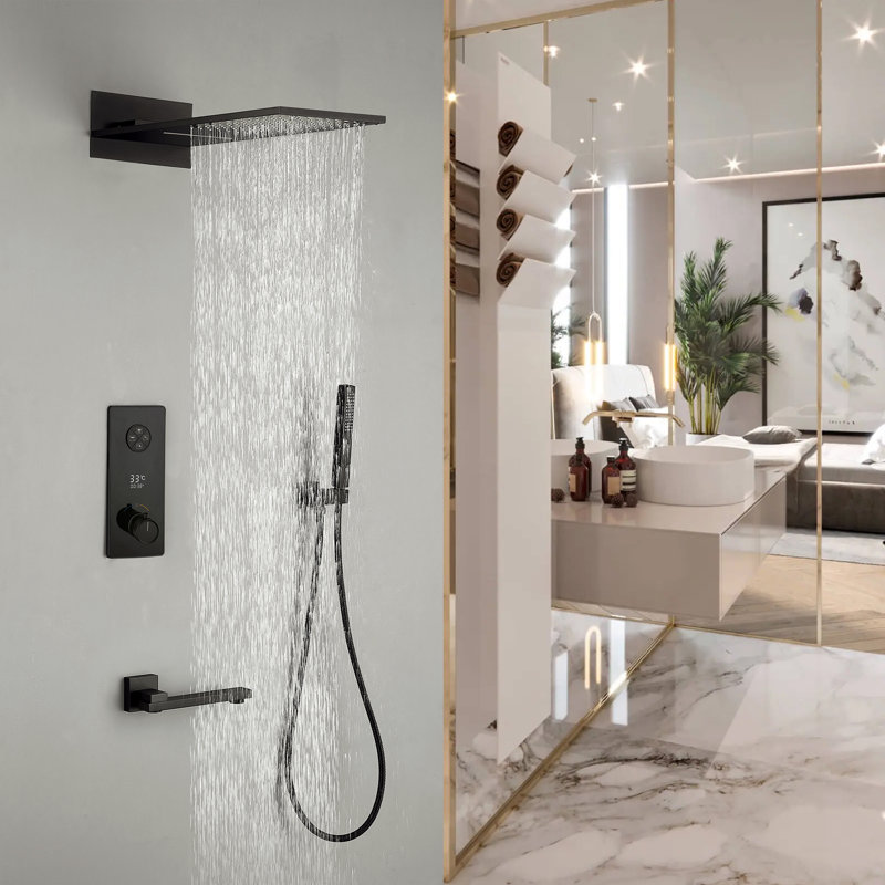 Robinet de baignoire et douche thermostatique fixhd avec valve brute et pommes de douche à pluie fixhd, Noir