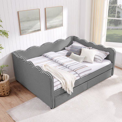 Lit de jour Queen Size à carreaux vichy avec 2 tiroirs de rangement, port USB, design ondulé, tissu en lin