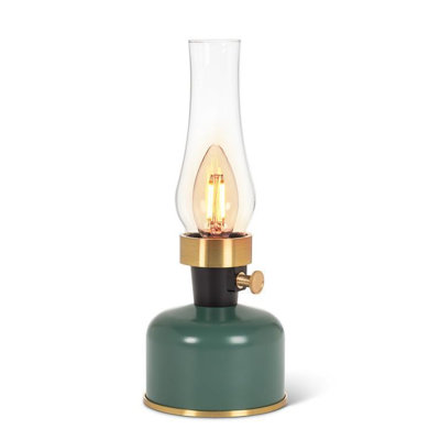 Abbott Lantern Led Table Lamp With Lustre Glass Chimney – 10.5" Rechargeable Vintage-Style Light In Black, Dimmable Edison Bulb – Indoor/Outdoor Accent Lighting-Green