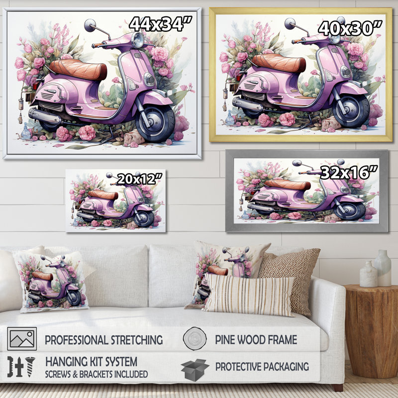 «Pink Scooter Floral Fantasy II», reproduction sur toile, Cadre flottant noir, H 12 po x l 20 po x P 1 po