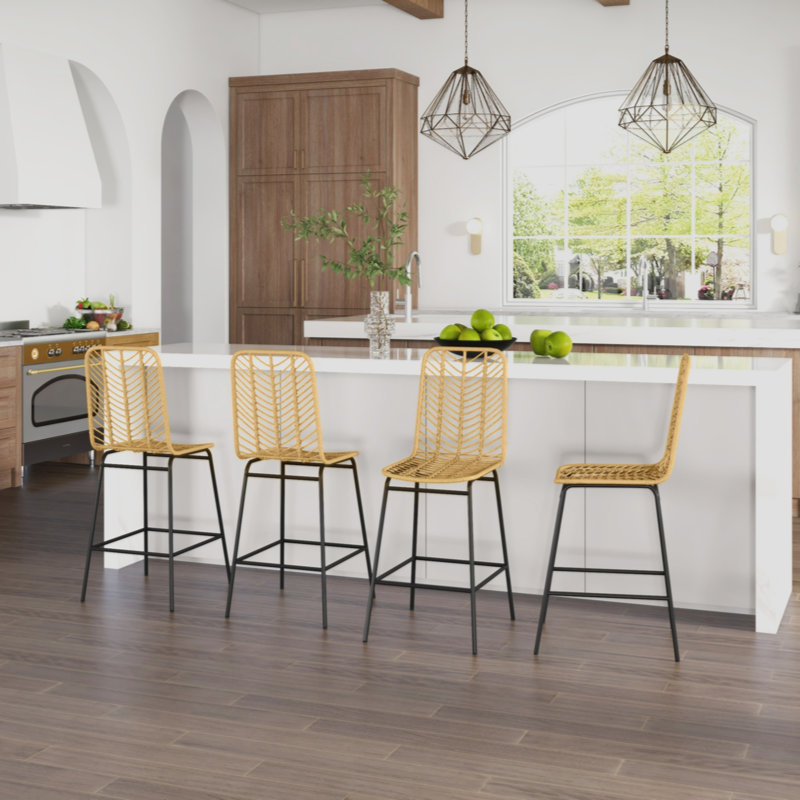 HOMCOM Rattan Bar Stools Set Of 4, 26" Counter Height Barstools, Boho Kitchen Island Stools With Breathable Wicker Seat And Back, Yellow
