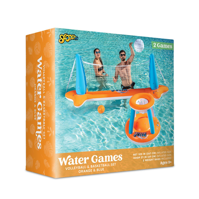 Inflatable Pool Float Set Volleyball Net & Basketball Hoops, Orange, Orange