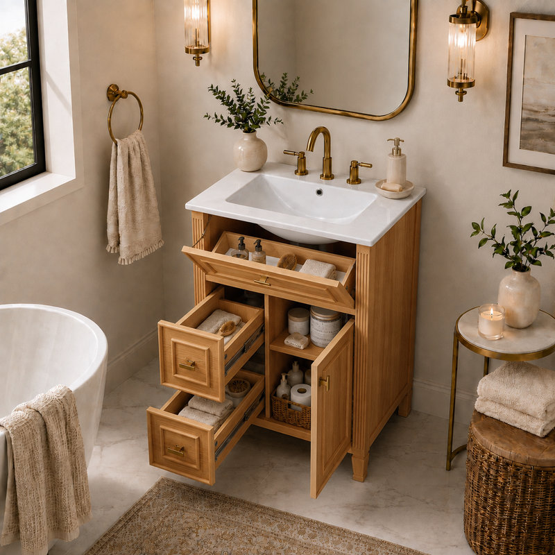 Ensemble de meuble-lavabo transitionnel avec lavabo en céramique, structure en bois massif, tiroir rabattable, tiroirs latéraux et armoire de rangement