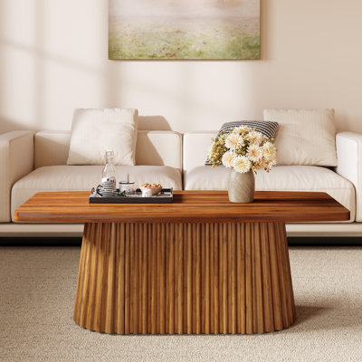 47.24" Coffee Table With Fluted Pedestal, Mid Century Modern Center Table, Unique Boat-shaped Farmhouse Accent Living Room Table