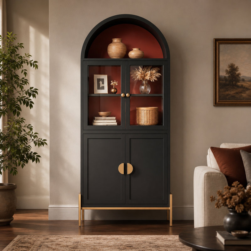Vitrine cintrée en acier de 189 cm de haut avec double porte en acrylique transparent, étagères réglables et espace de rangement fermé, idéale pour le salon, la salle à manger et le bar.