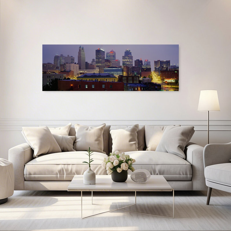 Buildings Lit Up At Dusk Kansas City Missouri USA by Jerry Driendl Photography - Wrapped Canvas Panoramic Print