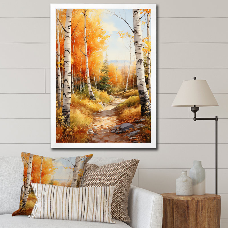 " Birch Woods Autumn Sonata III ", 44" H x 34" W x 1.5" D, White Picture Framed