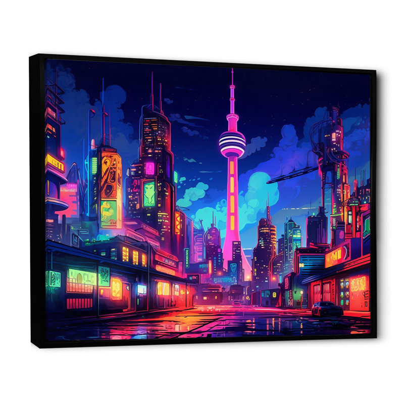 Berlin Neon Cityscape II - art mural de Berlin pour le salon, H 12 po x l 20 po x P 1 po, Cadre flottant noir