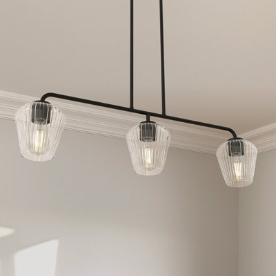 3-Light Black Linear Island Pendant Hanging Light, Kitchen Lighting With Glass Shades