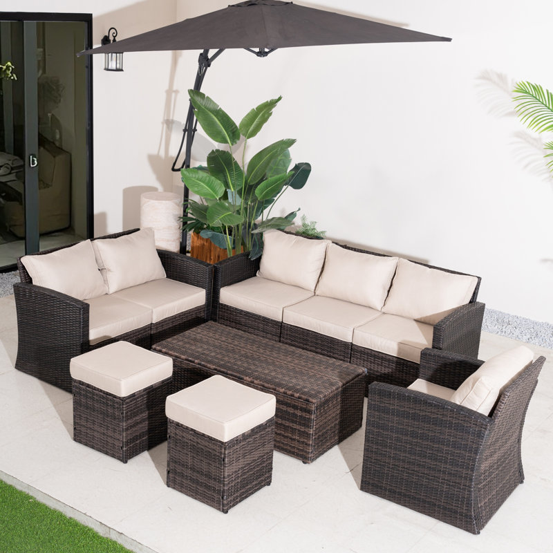 Brown Pe Rattan Modular Garden Sofa Set With Waterproof Storage Coffee Table, Powder-coated Iron Frame