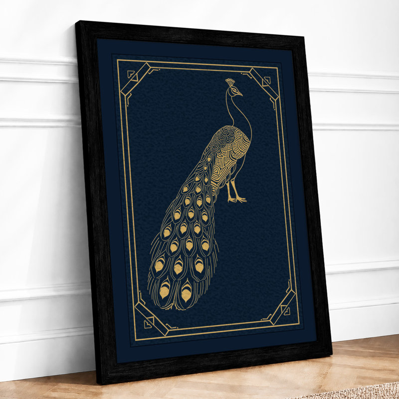 Golden Peacock Display Art Deco - Framed Print, A3 - 42.0 x 29.7 cm, Black
