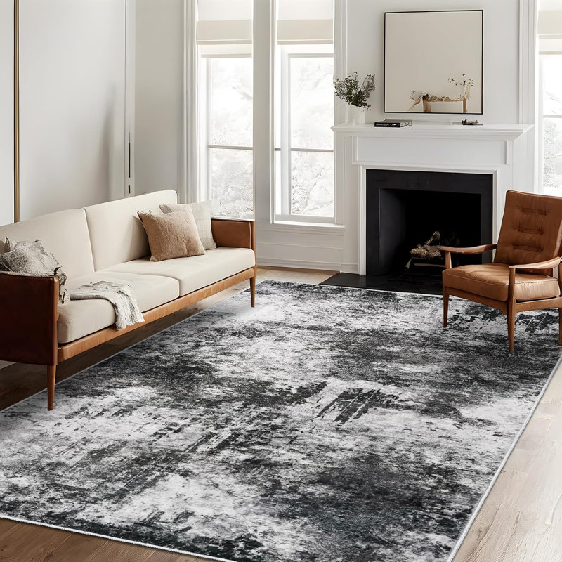 Washable Abstract Area Rug - Large Living Room Area Rugs Modern Stain Resistant Indoor mat for Bedroom Dining Room Non Slip Rubber Backing Thin Super Soft Room Decor Floor Carpet Black A
