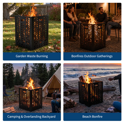 Fût à brûler extérieur robuste de 238 litres (63 gallons) en acier haute température, avec cage de combustion pour papiers, feuilles mortes et déchets de jardin, foyer de camping dans le jardin, noir