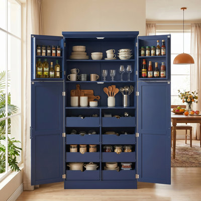 Armoire de cuisine autoportante haute autoportante, armoire de rangement domestique à 4 portes avec 8 plateaux coulissants, 2 tablettes de porte et tablettes réglables pour la salle à manger