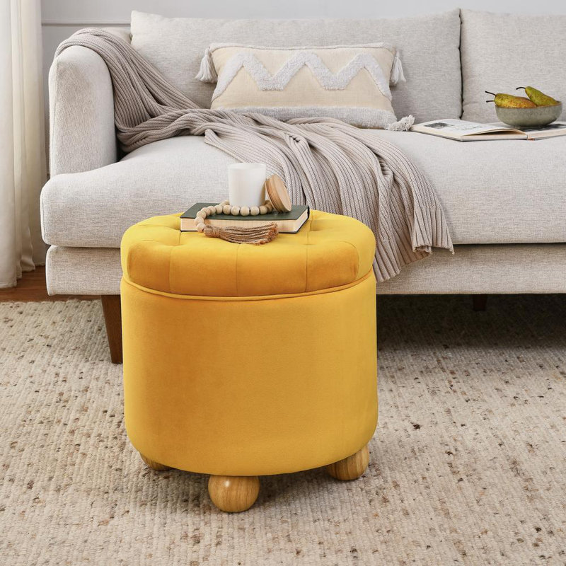 Upholstered Round Storage Ottoman, Yellow