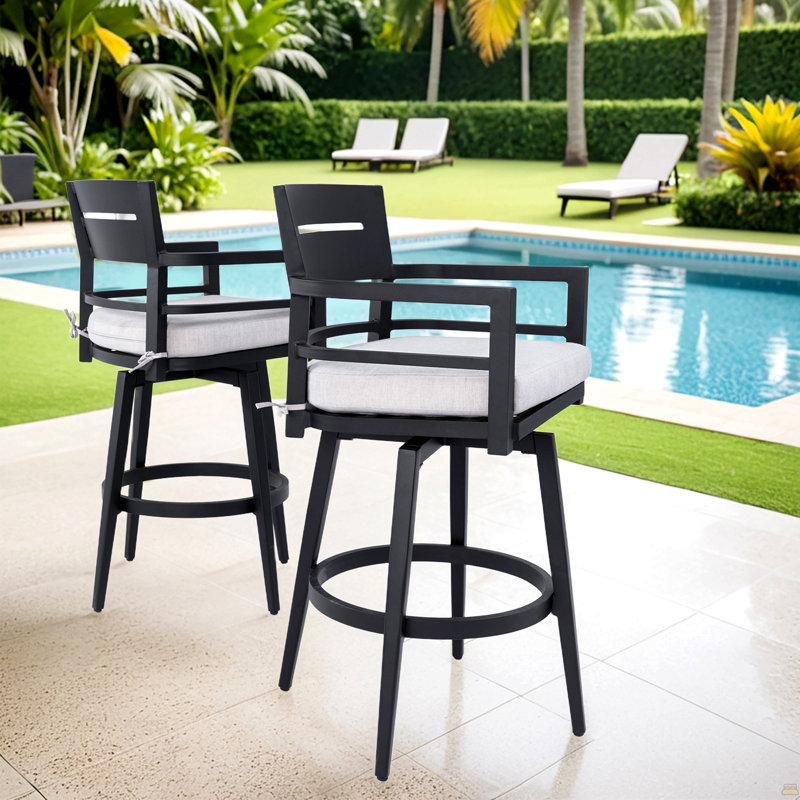 Chaises de bar pivotantes d'extérieur 2 pièces - Structure en aluminium avec braise noire, pivotant à 360 °, Beige