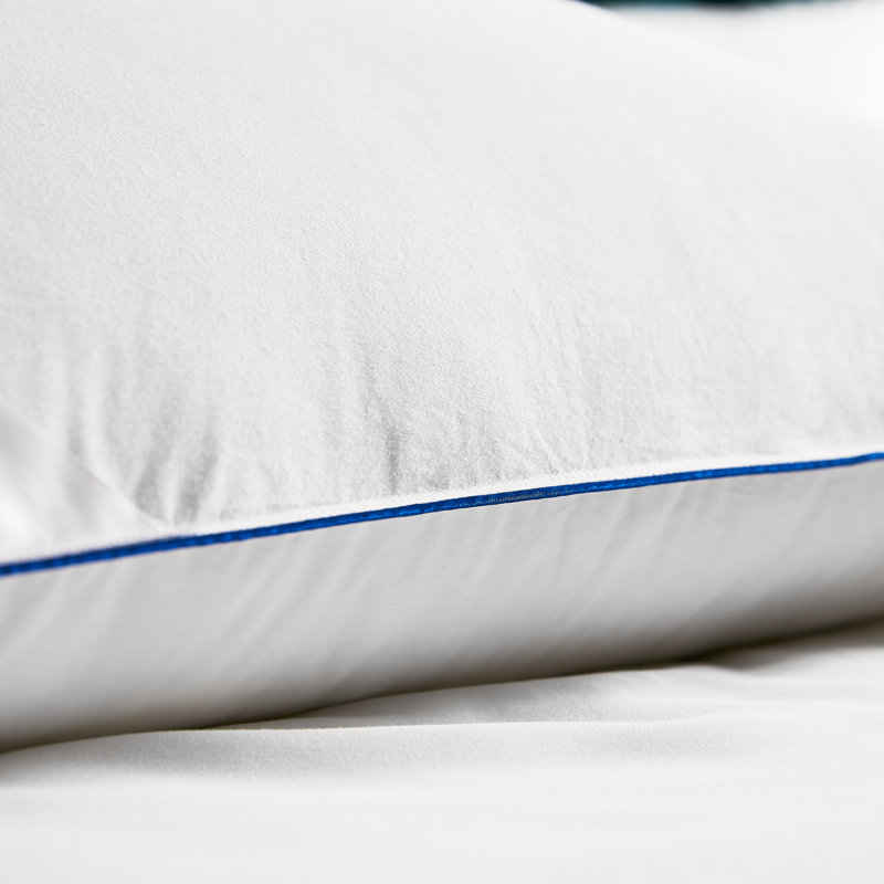 King Size White Hungarian Goose Down Pillow with Dark Blue Satin Piping