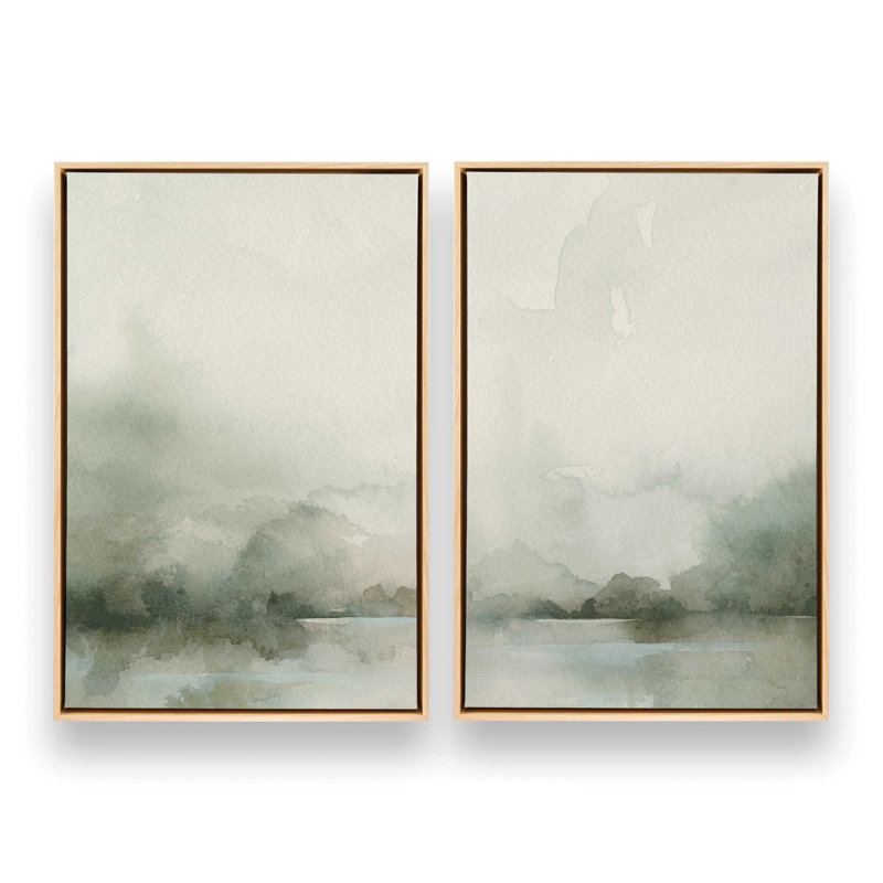 Ensemble de 2 impressions sur toile Mute Green Tranquility dans un cadre érable, 18 po x 12 po, H 18 po x l 24 po x P 1,25 po