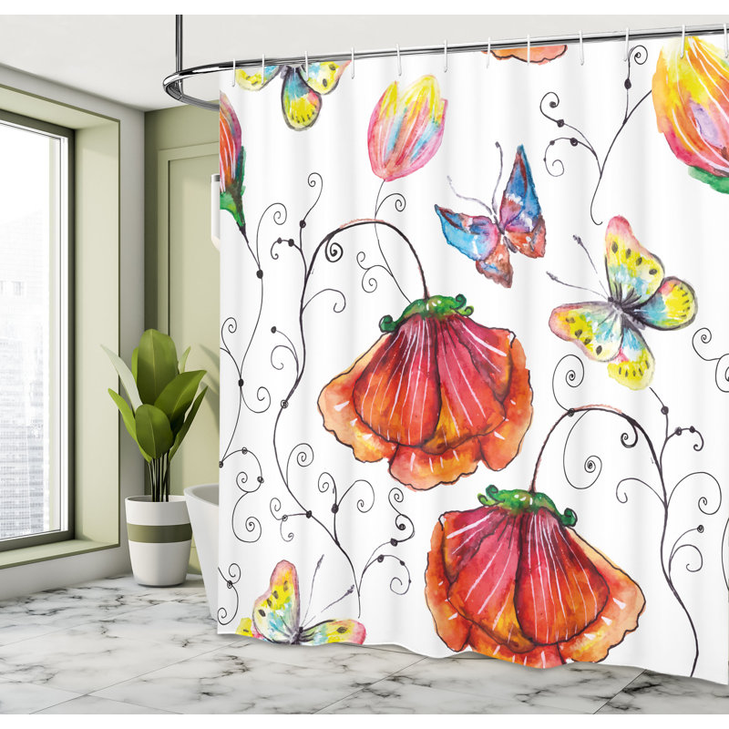 Watercolor Floral and Butterfly Polyester Shower Curtain, 69" W x 70" L, Multicolor