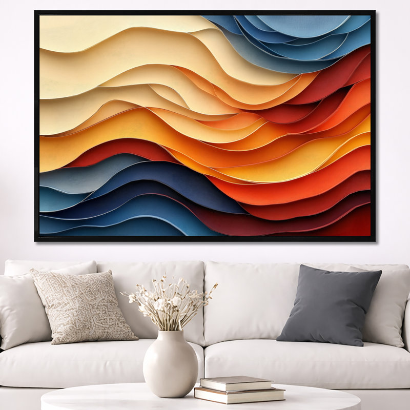 Ashmore III - Décoration murale abstraite superposée orange et bleue, H 40 po x l 60 po, Cadre flottant noir