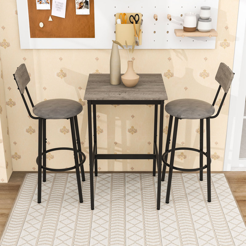 Ensemble de table de bar avec 2 tabourets de bar Siège souple avec dossier, Gris clair, Gris