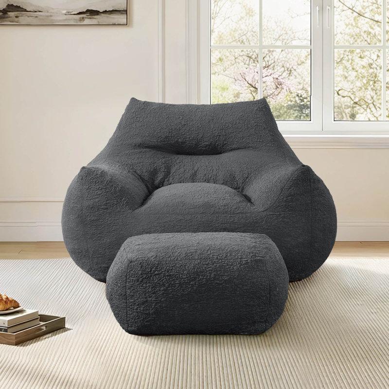 Extra-Wide Bean Bag Chair With Ottoman, Gray Polyester 