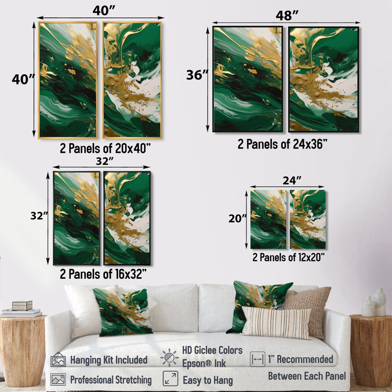 Vert et or Cascade sereine II - Grandes impressions abstraites sur toile, 2 panneaux, H 32 po x l 32 po, Blanc