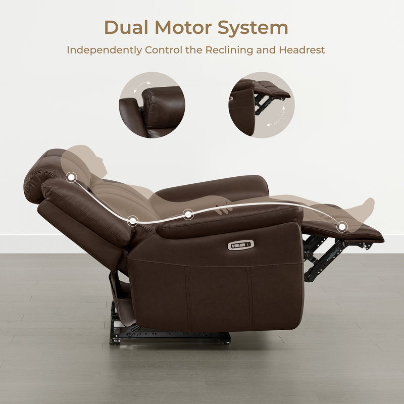 2-Seat Dual Motor zero clearence recliner Genuine Leather Power Recliner Sofa With Power Headrest, Dark Brown