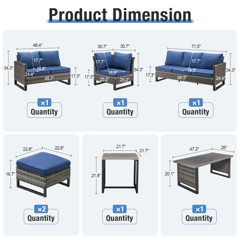 Naresa 5-Piece Outdoor Wicker Furniture Set, L-Shaped Sectional Sofa Set, Blue