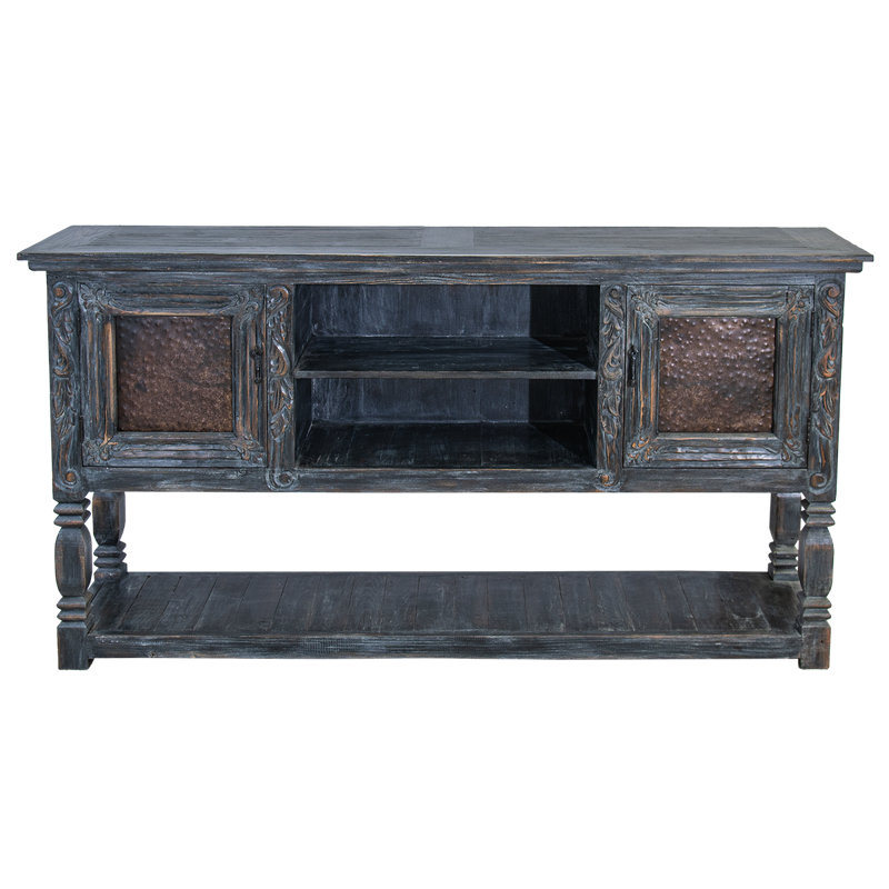 Carved Buffet with Metal Panels in Black Finish with White Wax