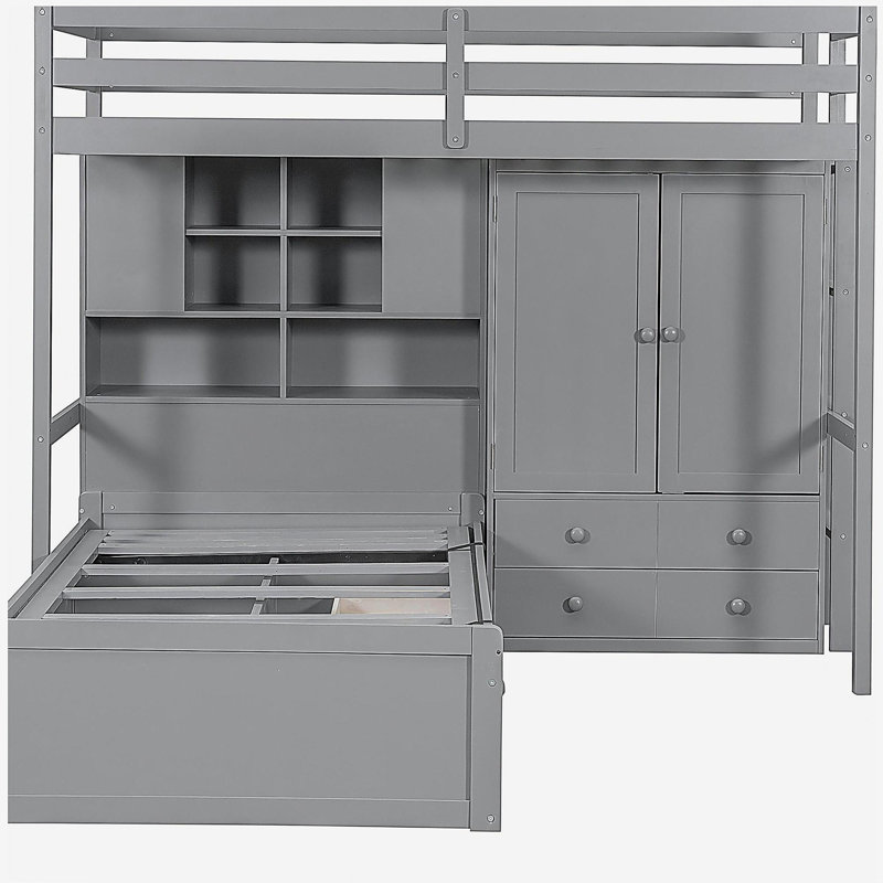 Lit superposé simple avec tiroirs, garde-robe, tablettes de rangement et lit hydraulique, gris