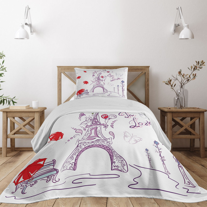 White and Red Eiffel Tower Twin Quilted Bedspread Set