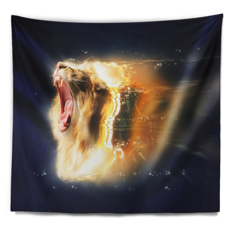 Lion blanc avec tapisserie jaws ouvert, H 78 po x l 92 po